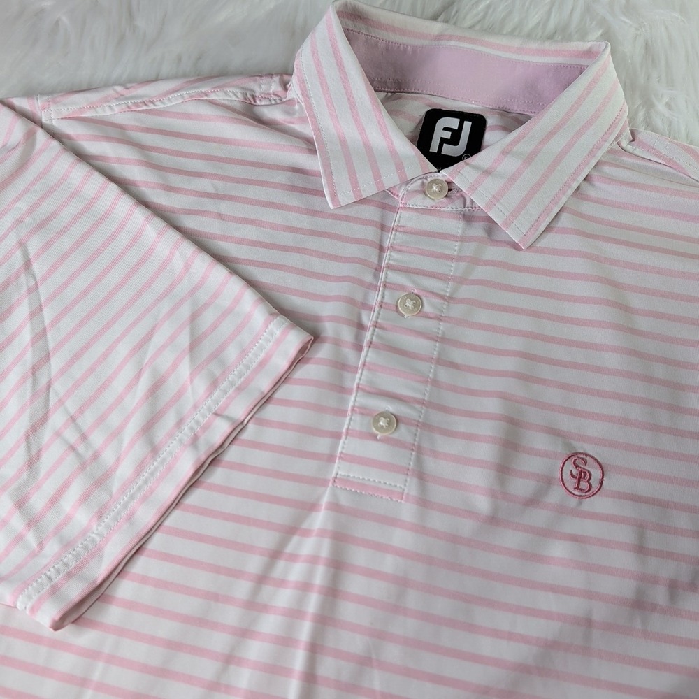 FootJoy Polo Shirt Men XL Pink White Striped Performance Golf SB Logo